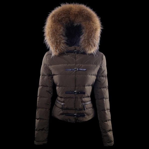 Moncler marrone Fur Cap e chiusura lampo Caldo Donna Giacche